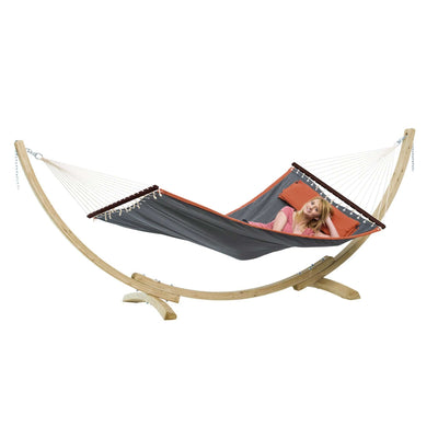 Quilted hammock and wooden stand with cushion