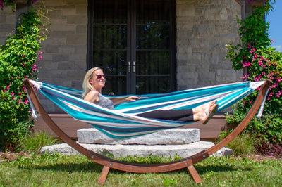 Vivere Sets Double Sunbrella® Hammock with 3m Solid Pine Arc Stand